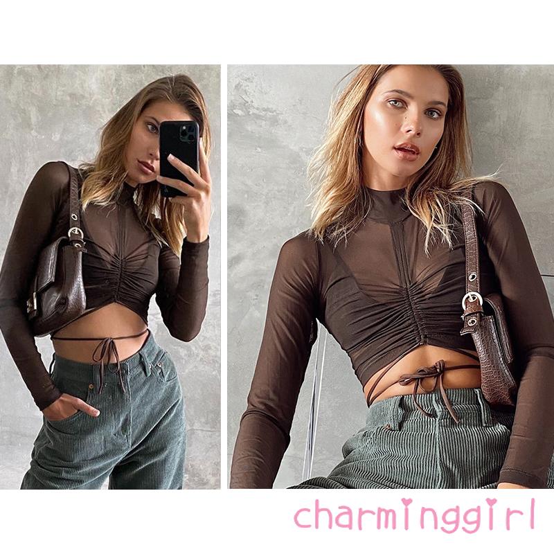 Áo thun xuyên thấu tay dài cực quyến rũ cho nữ