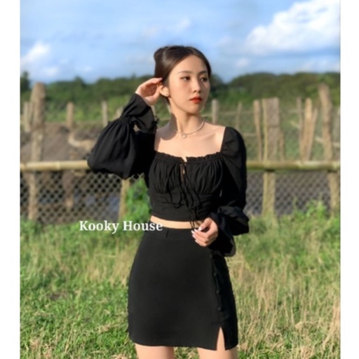 KOOKY HOUSE - ÁO JUHI ĐEN - Áo Croptop tay dài thiết kế nhún ngực thời trang và cao cấp