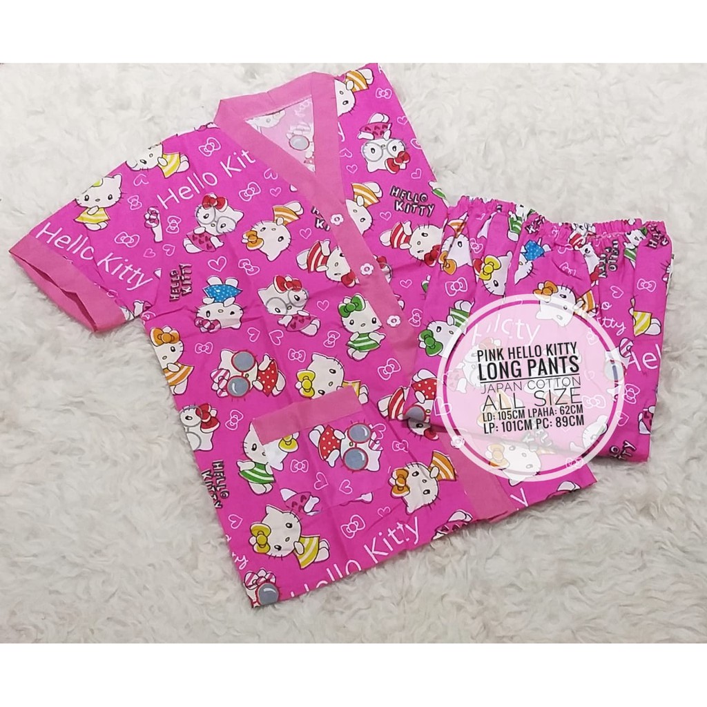 Bộ Đồ Ngủ Cotton Không Có Cổ In Hình Hello Kitty Phong Cách Nhật Bản