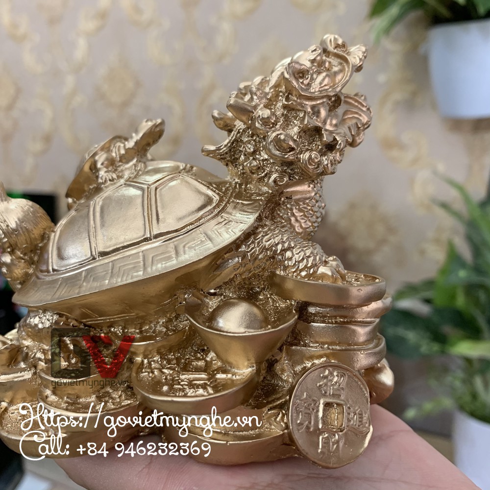 Tượng Đá Long Quy Phong Thủy Trấn Trạch Hóa Sát - Cao 10cm - Màu Nhũ Vàng