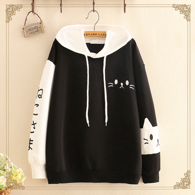 ✨Áo Hoodie cotton mềm mại tay dài thêu hình mèo kiểu Nhật Bản dễ thương