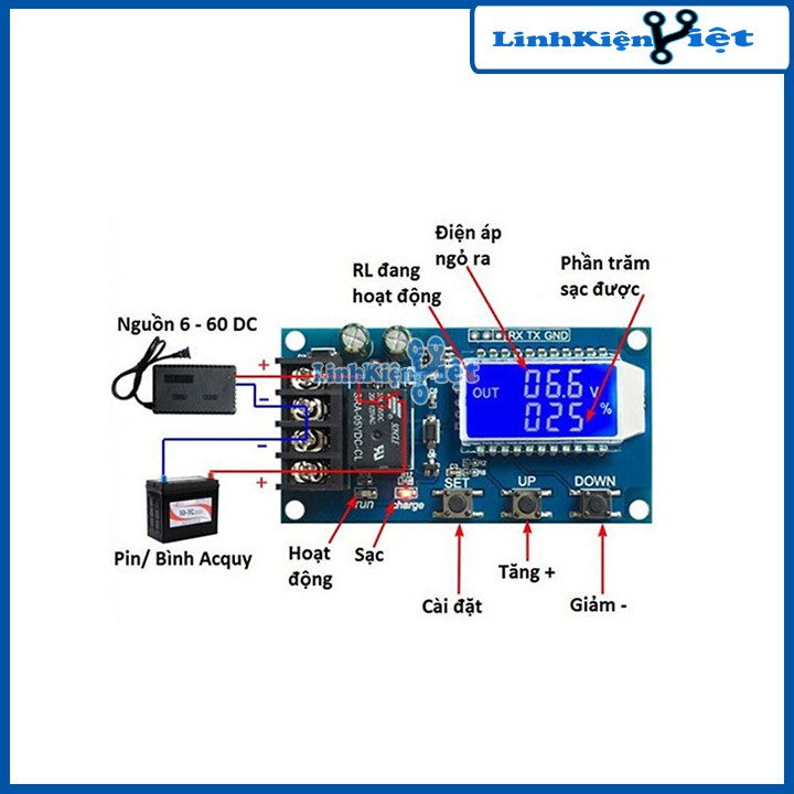 Mạch Sạc Acquy Tự Ngắt Bảo Vệ Quá Tải Hẹn Giờ Sạc XY-L10A 6VDC-60VDC 10A