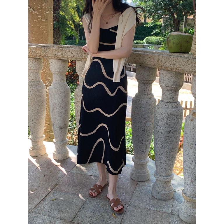 Đầm Dệt Kim Ôm Dáng Họa Tiết Kẻ Sọc Gợn Sóng Phong Cách Retro