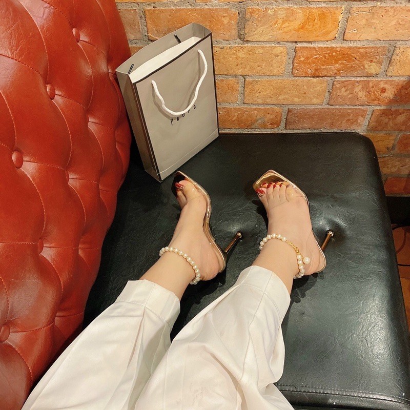 Sandal mũi vuông quai mica vòng cổ châu 9p