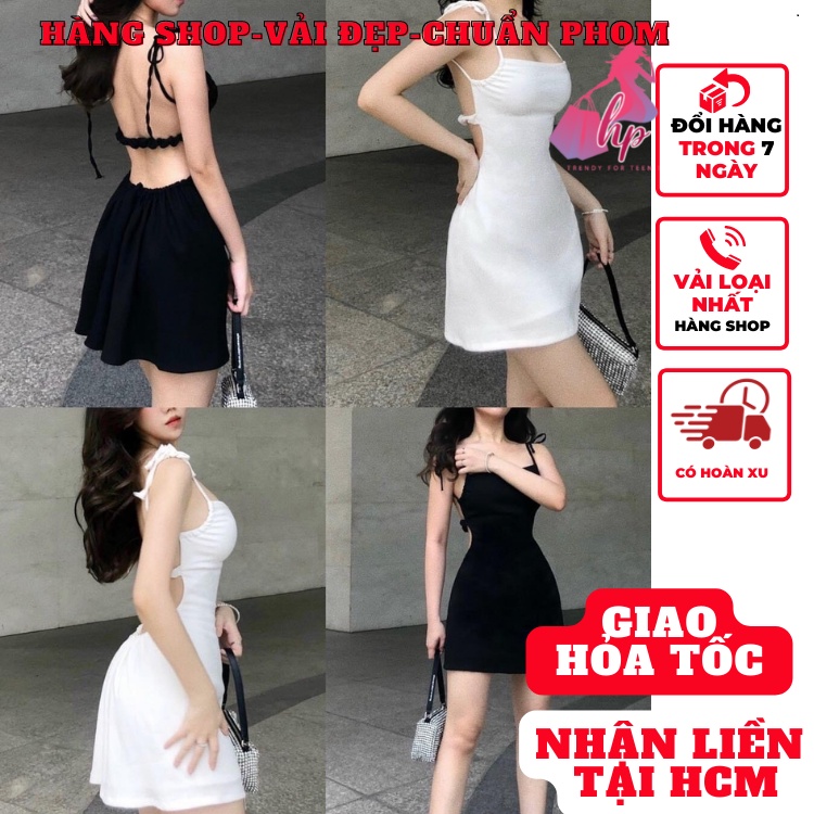Váy đầm yếm 2 dây nữ hở lưng dáng xòe cột nơ vai màu đen thun borip kiểu hàn sang chảnh thời trang số VD191