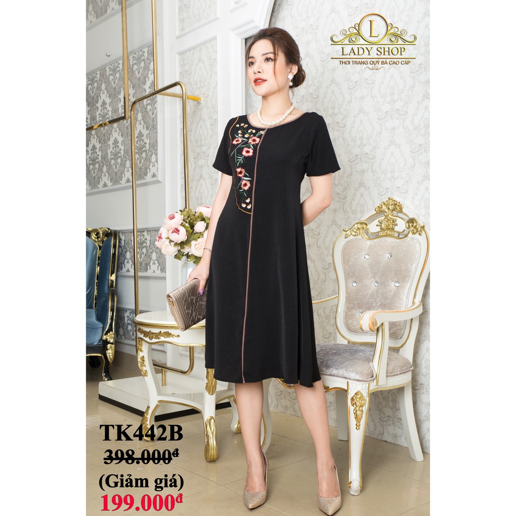 VÁY TRUNG NIÊN - ĐẦM QUÝ BÀ - THỜI TRANG TRUNG NIÊN CAO CẤP - LADYSHOP - Đầm đũi đen viền nâu thêu hoa TK442B