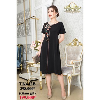 Váy đầm trung niên Ladyshop quý bà thời trang viền nâu thêu hoa cao cấp TK442B