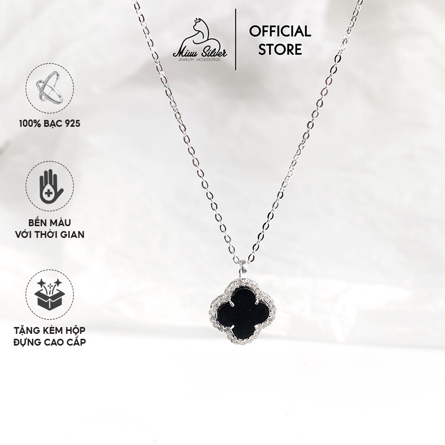 Dây chuyền nữ bạc 925 Miuu Silver, vòng cổ Cỏ 4 Lá đính đá đen Clover Necklace