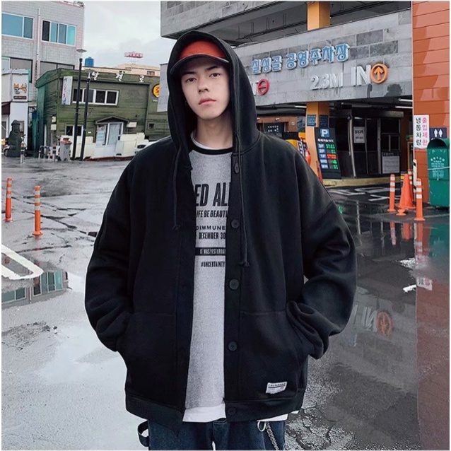 Áo Khoác Hoodie Dáng Rộng Màu Trơn Phối Nút Thời Trang Hàn Quốc Cho Nam Và Nữ