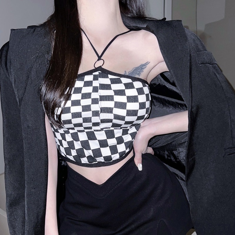 Áo Croptop Dệt Kim Cổ Yếm Họa Tiết Kẻ Sọc Có Đệm Ngực Thời Trang Quyến Rũ Cho Nữ