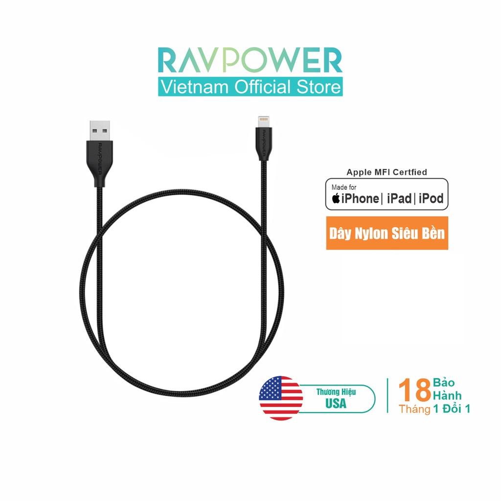 Dây Cáp Sạc USB to Lightning RAVPower RP-CB019 Dài 1m, Chứng Nhận MFI, Sợi Nylon, Sạc Nhanh - Hàng Chính Hãng