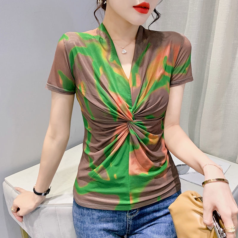 Áo Thun Tay Dài Cổ Chữ V Phối Lưới Nhuộm Màu Phong Cách Phương Tây Thời Trang Mùa Xuân Cho Nữ s 2022