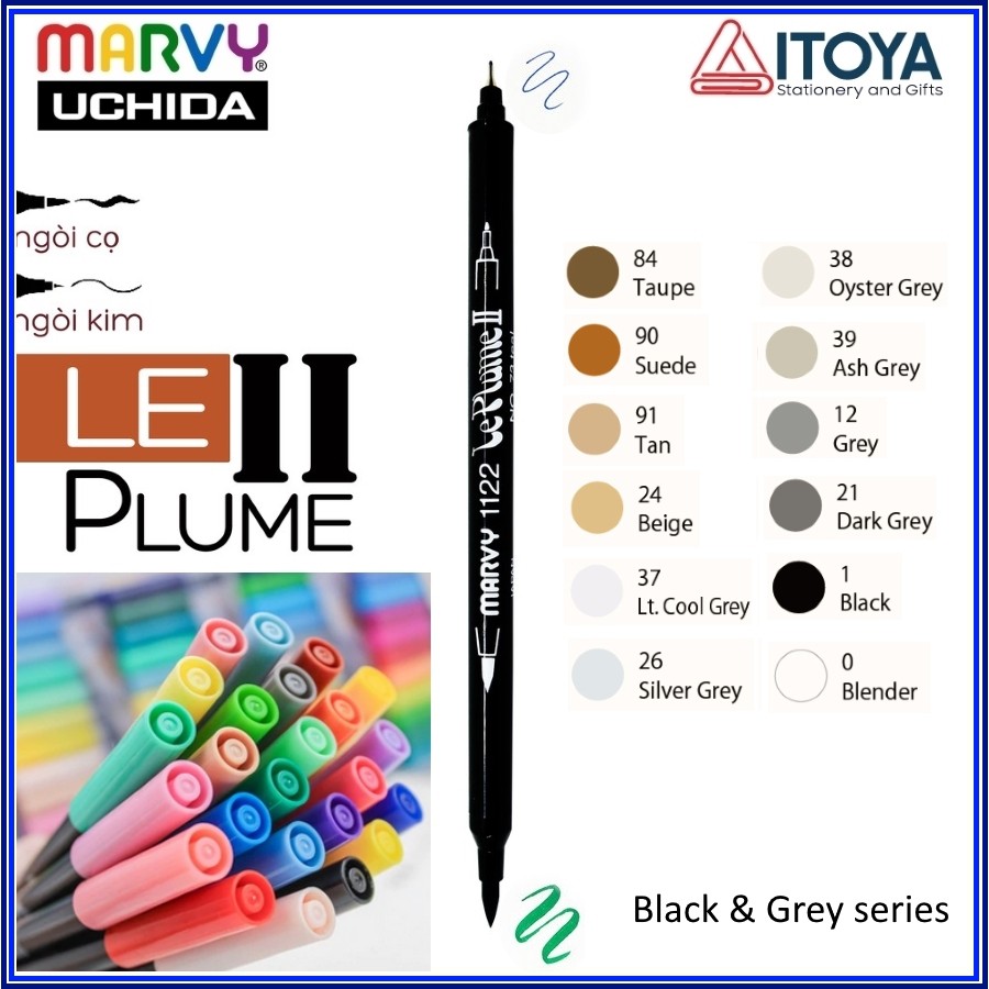 Bút cọ hai đầu Marvy Le Plume II 1122 (Black &amp; Grey series)