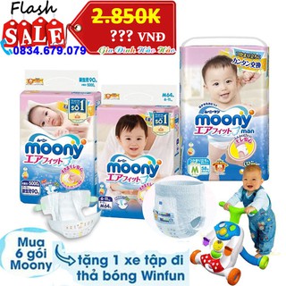 Combo 6 gói tã dán/ tã quần moony nhật nb90/s84/m64/l54/m58/l44/xl38/xxl26