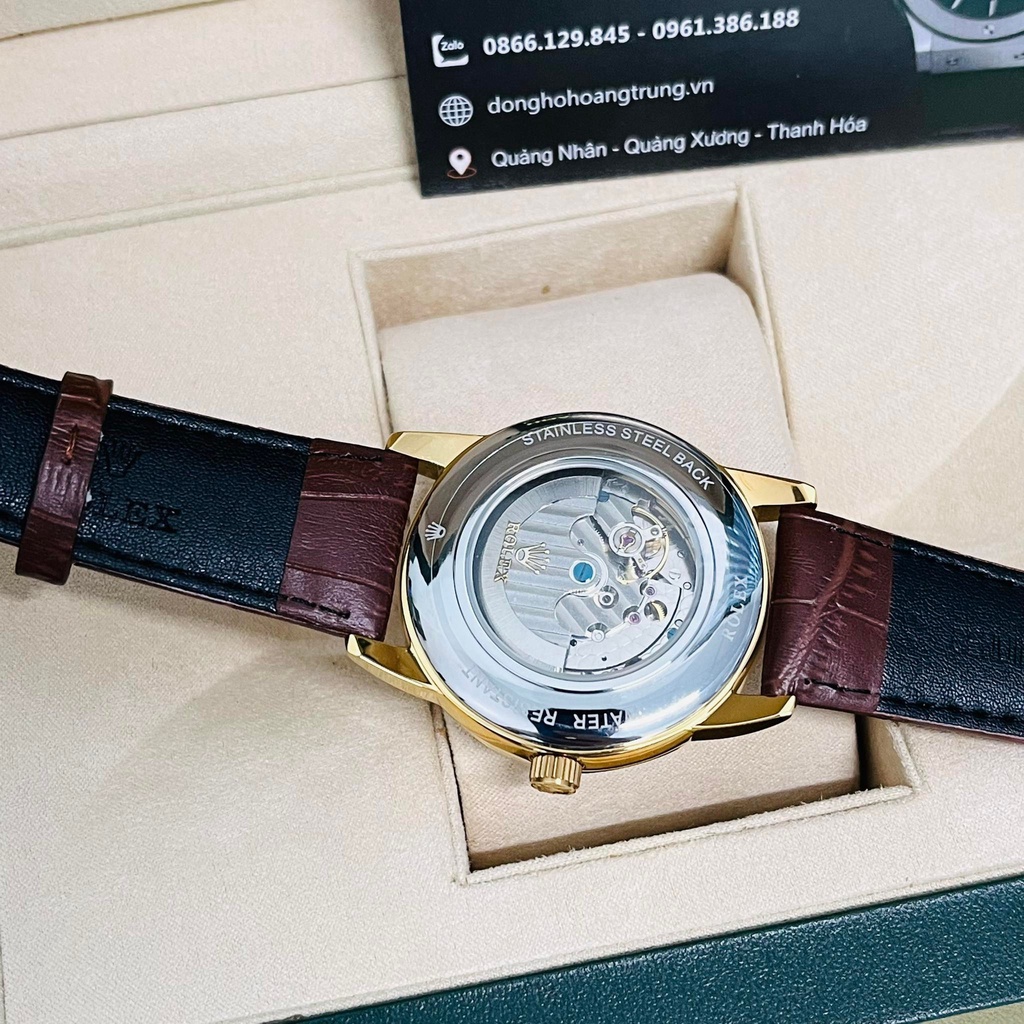 Đồng hồ Nam Rolex máy nhật, mẫu 3kim cắt vát mặt trắng viền vàng dây da, dòng cơ Automatic size 40mm-41mm