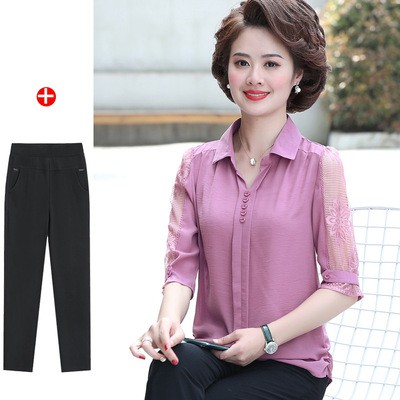 (HÀNG SẴN) Bộ Đồ Trung Niên Tay Lỡ Phối Ren Sang Trọng AB12 - Hàng Quảng Châu Cao Cấp