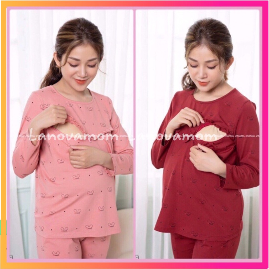 Bộ bầu dài tay chất cotton thiết kế khóa ti cho con bú tiện lợi mặc bầu và sau sinh BD900