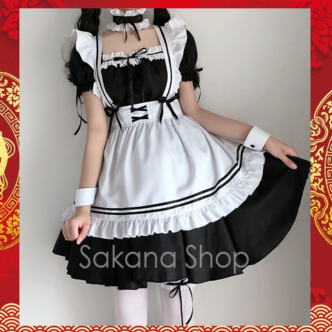 Trang phục cosplay Maid M024/ hóa trang hầu gái/ halloween/ lễ hội trắng hồng đỏ dễ thương dày dặn