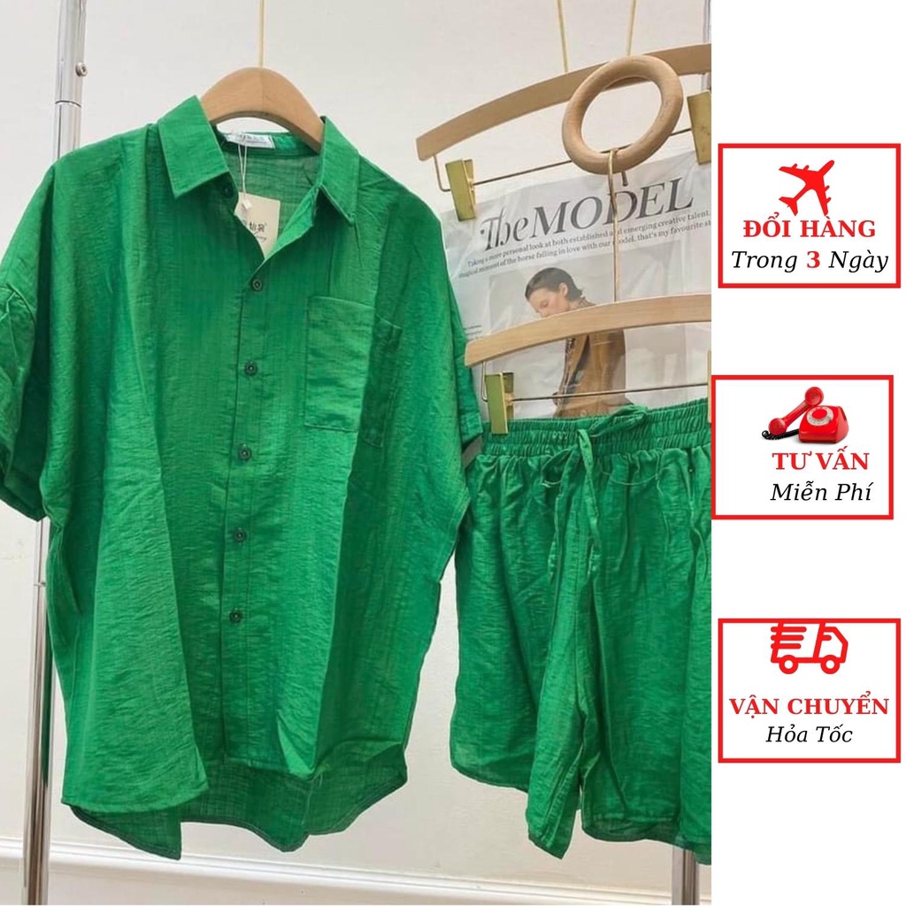 Set áo sơ mi đũi nữ tay ngắn kèm quần short ngắn đi biển du lịch ulzzang Hàn Quốc