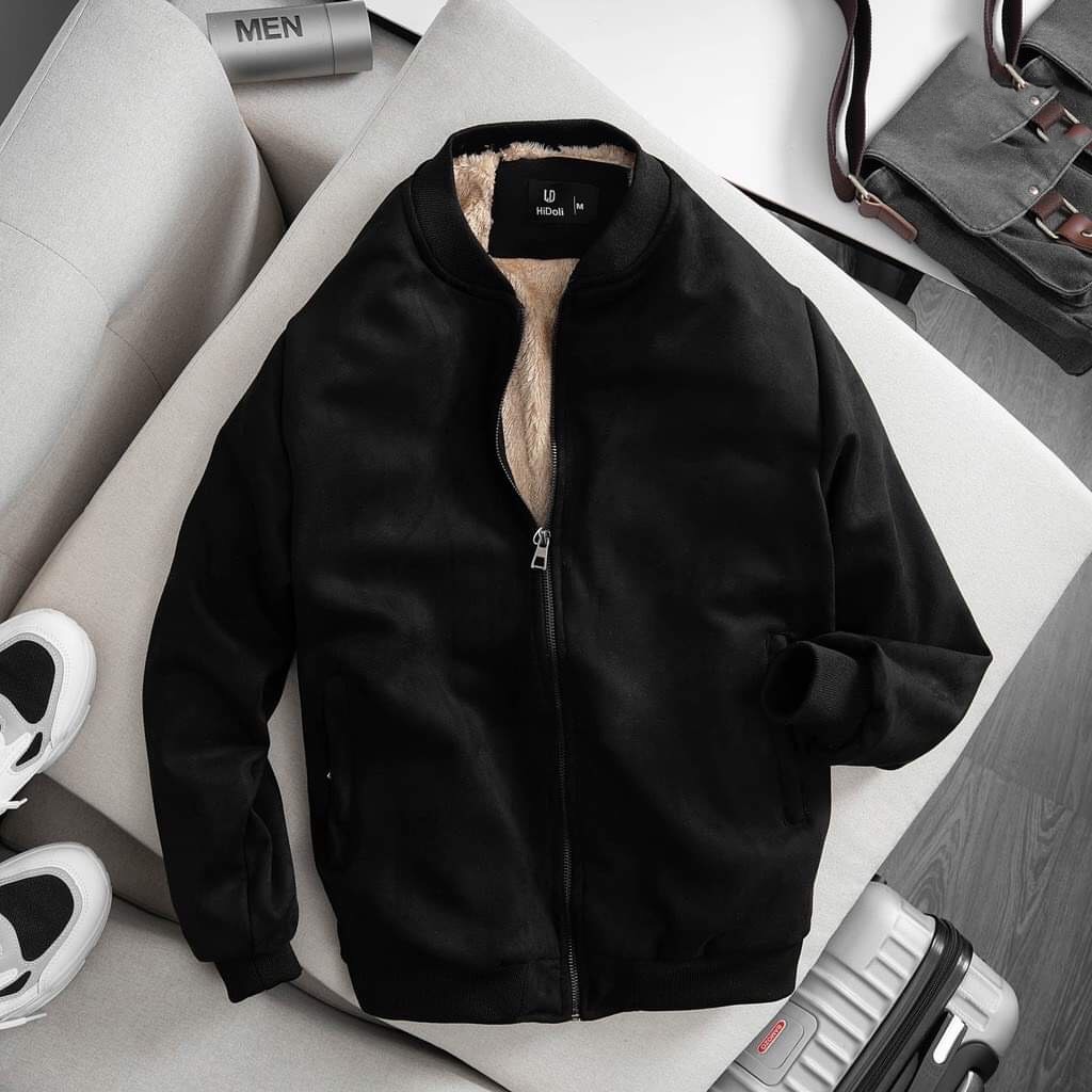 Áo bomber nam da lộn, khoác nam lót lông thời trang 4 màu đen than ghi vàng bò