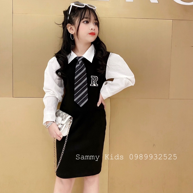 Váy Body phối tay Sơ mi kèm Calavat Hàn Quốc cho bé gái size đại 16-40kg