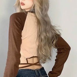 Áo thun kiểu tay dài buộc dây eo hình trước kiểu lạ cá tính