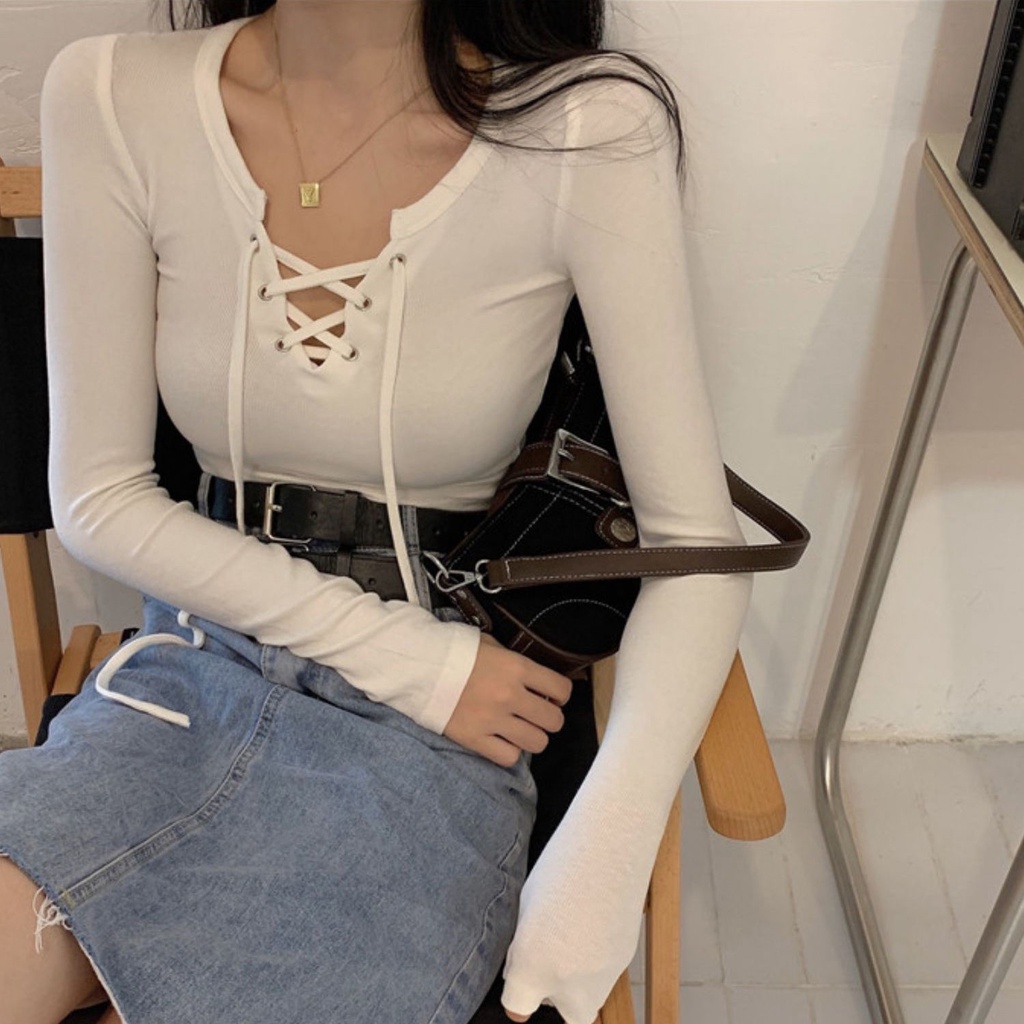 Áo Thun Tay Dài Cổ Chữ V Thiết Kế Thắt Dây Eo Xinh Xắn