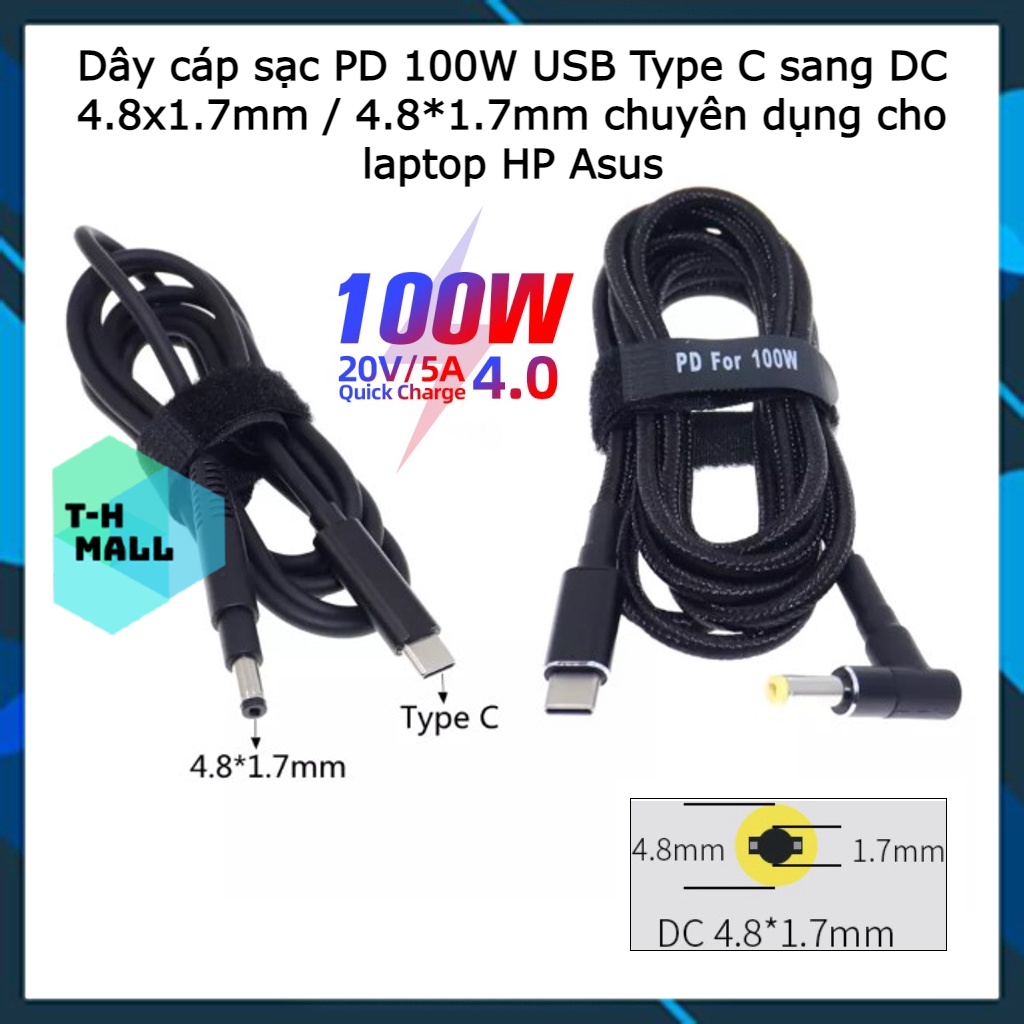 Dây cáp sạc PD 100W USB Type C sang DC DC 4.8x1.7mm / 4.8*1.7mm chuyên dụng cho laptop HP Asus