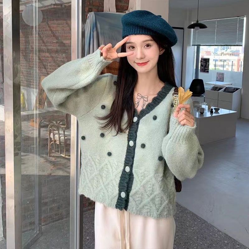 Áo Khoác Len cardigan Tay Dài Cổ Chữ V Phối Ren Màu Tương Phản Thời Trang Hàn Quốc Cho Nữ