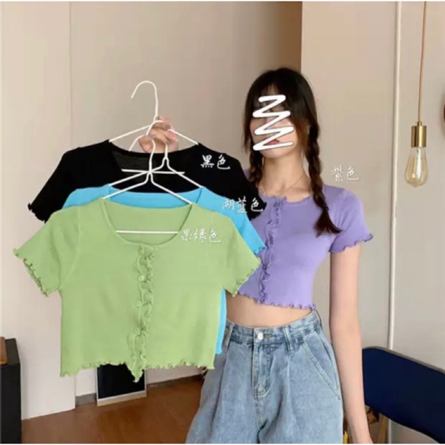 Áo croptop len dệt kim cổ tròn cúc ngực viền lượn sóng 20582 Ulzzang Style Hàng Quảng Châu