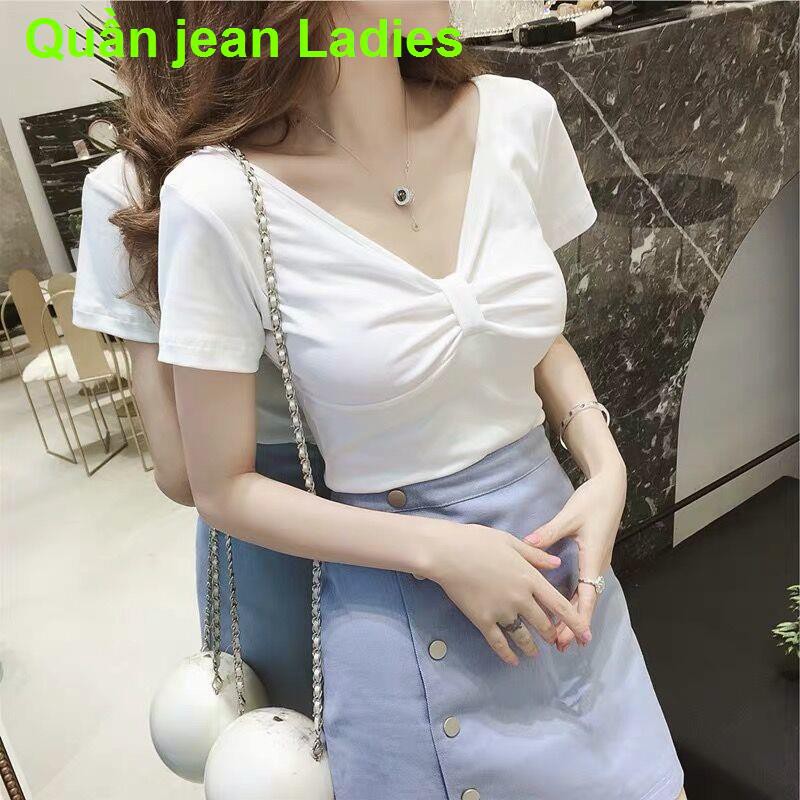 [95% cotton] bông ngắn tay trắng nữ mùa hè Áo phông phụ cổ mảnh mai trên cùng sơ mi dưới đáy thon gọn gợi cảm