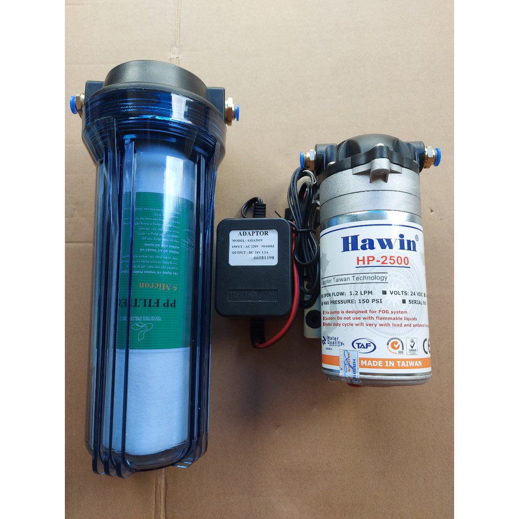 Máy phun sương 24V HAWIN HP-2500 Taiwan kèm nguồn điện và Lọc rác lớn. sử dụng cho 5 đến 15 béc phun sương