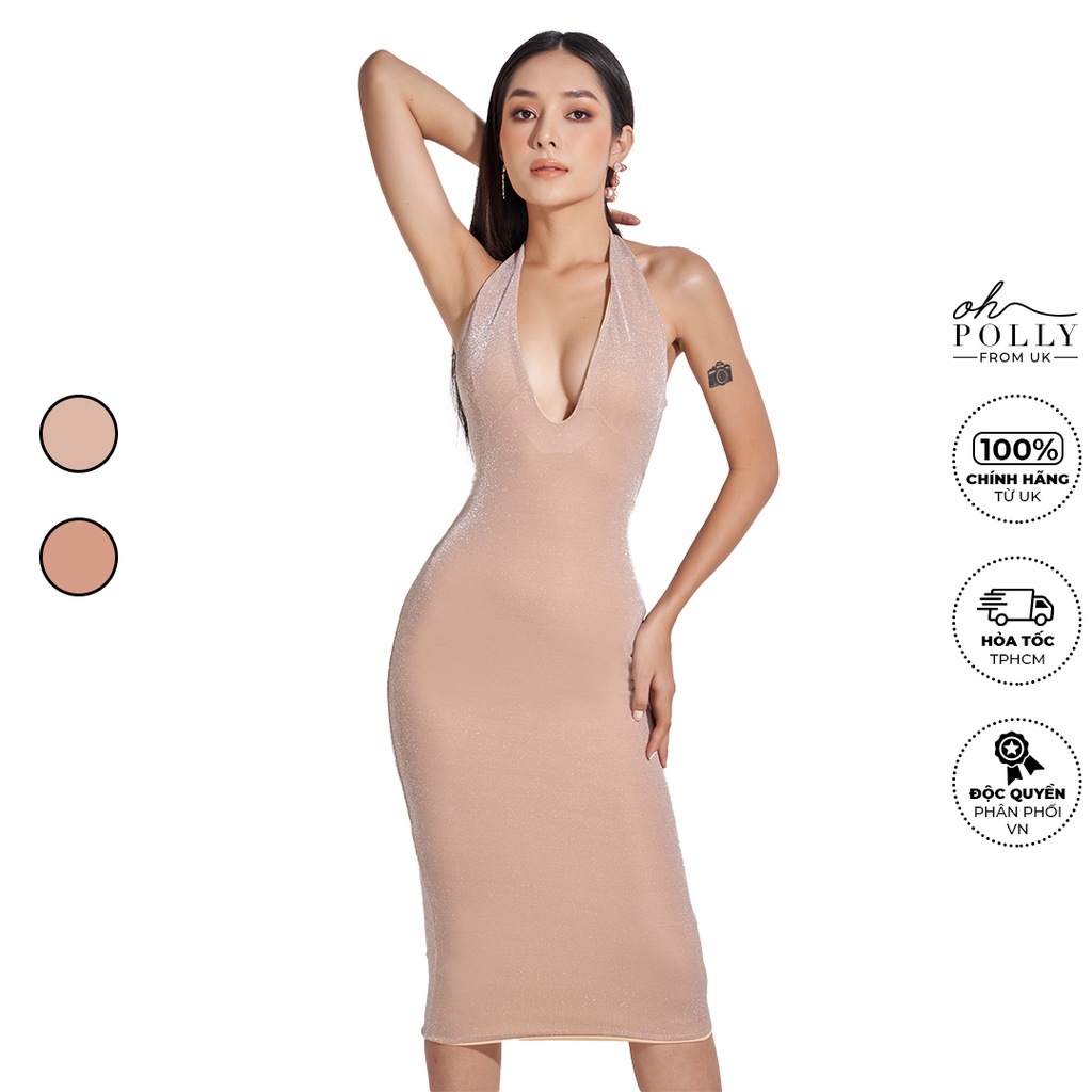 Oh Polly - Đầm dài ôm body cổ yếm khoét ngực, hở lưng sexy ánh kim lấp lánh