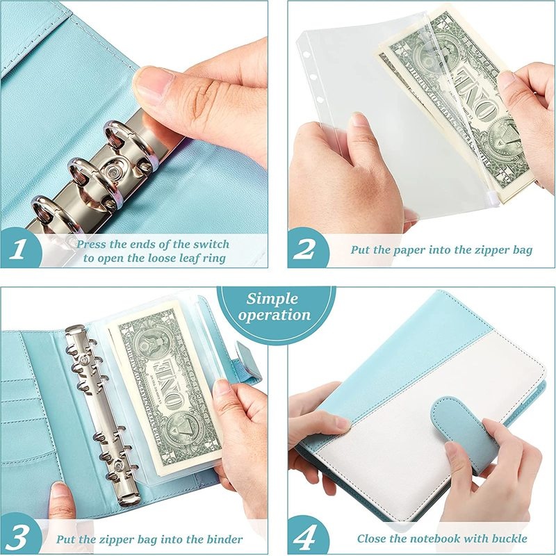 A6 Budget Binder Money Organizer for Cash, Portable Money Saving Binder, Binder Cover with Zipper Pockets