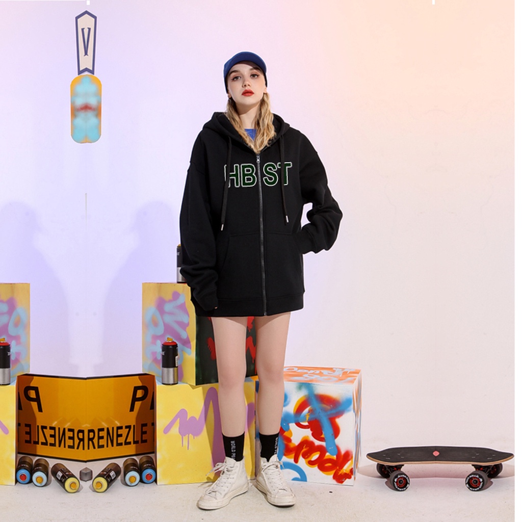 Áo khoác dây kéo  HBST nỉ bông thêu dày dặn Unisex nam nữ oversize form rộng pull Ulzzang Streetwear thu đông Hàn Quốc