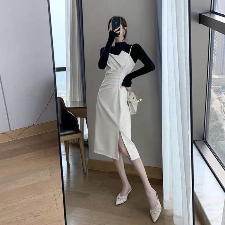 Set váy yếm hai dây dáng dài li sườn phối áo len cổ lọ size SML- ROSE STORE .