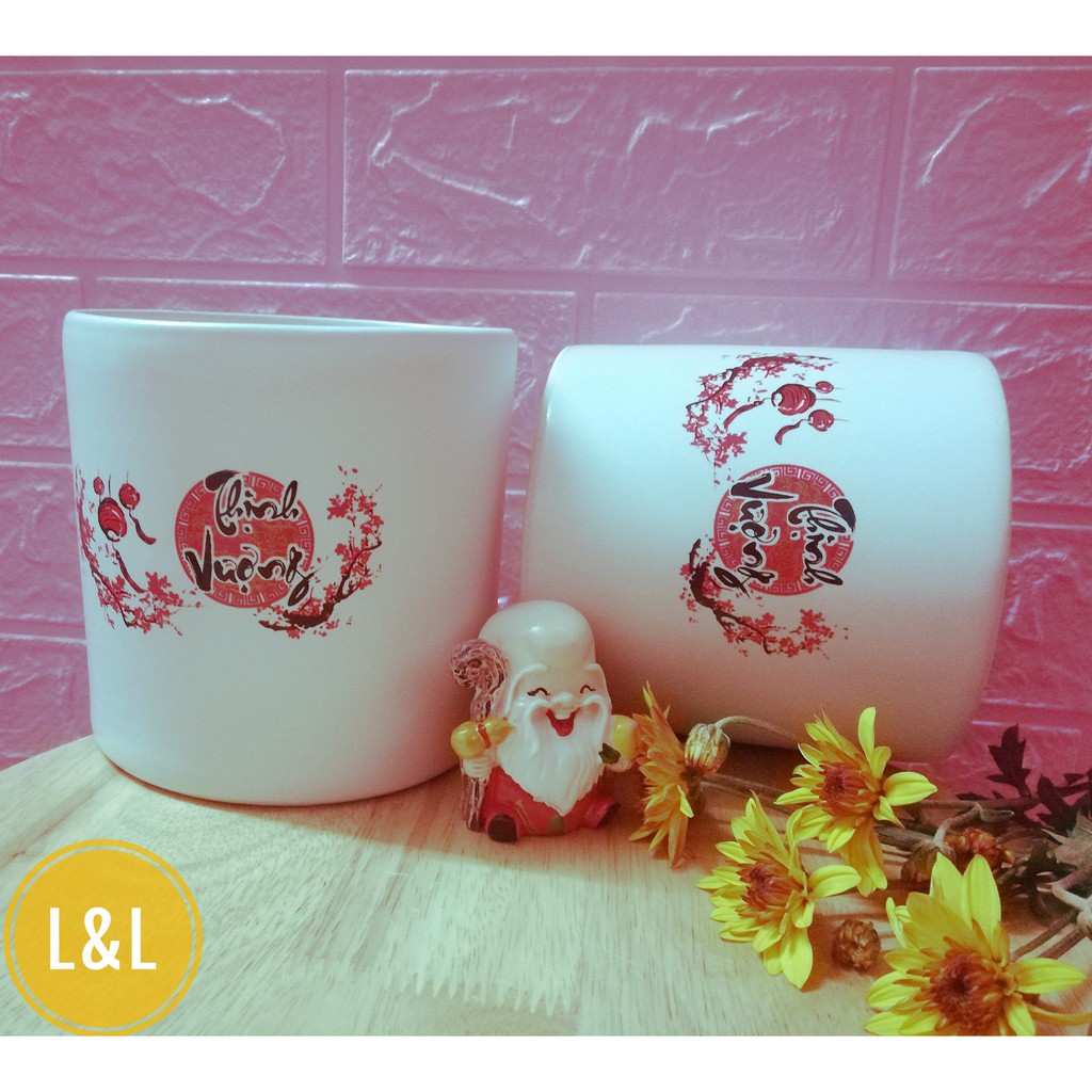 Chậu Decal BÌNH AN Trồng Cây Để Bàn - Chậu Sứ Bát Tràng trồng cây cảnh để bàn, cây trang trí