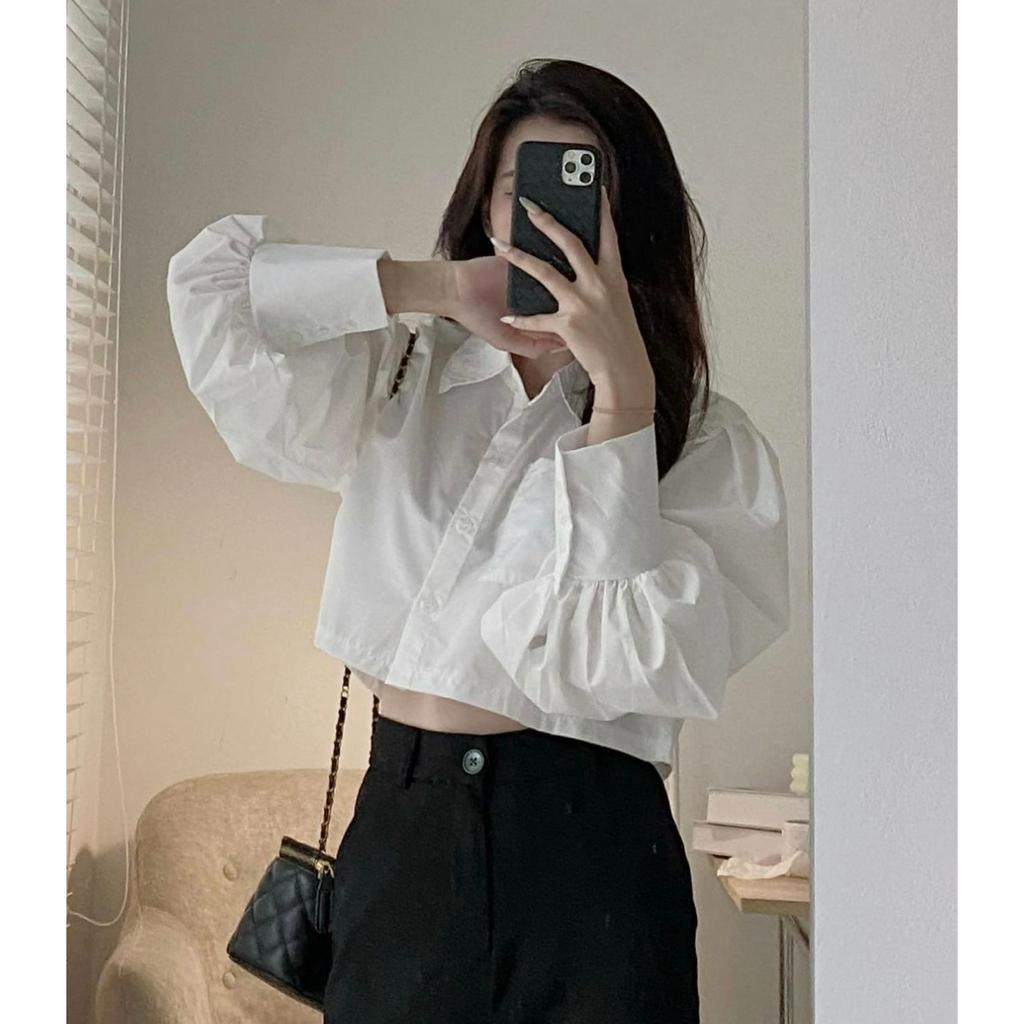Áo Sơ Mi Trắng Croptop Tay Bo Đi Học Đi Làm - Sơ Mi Tay Bồng Nhẹ Nhàng SM01