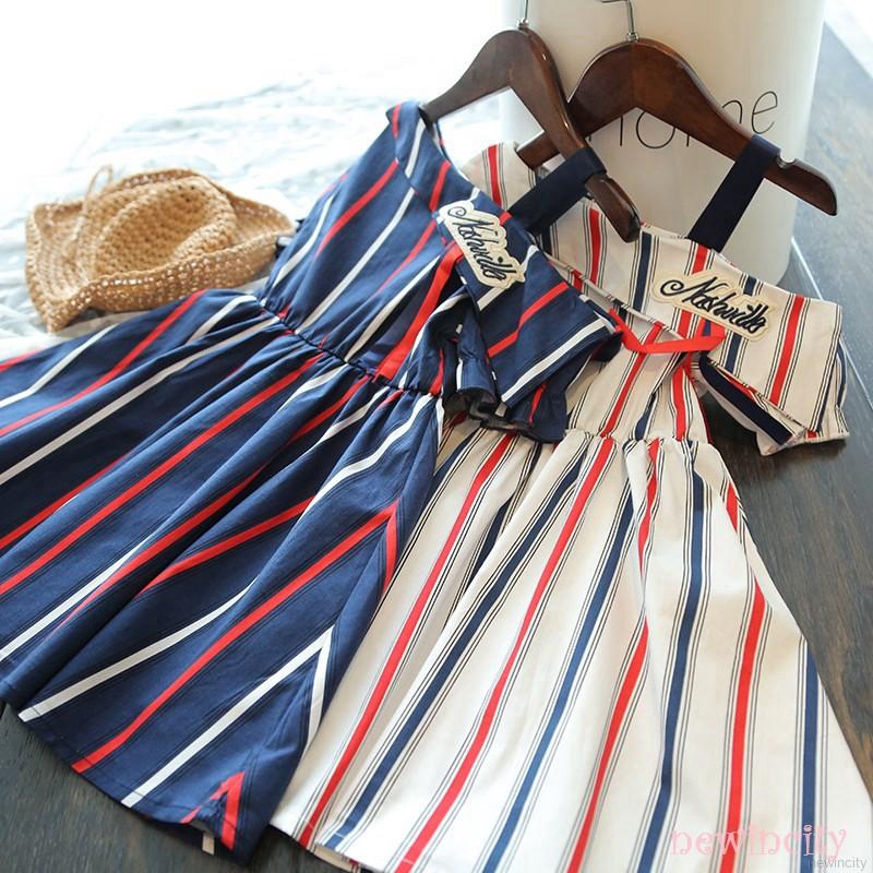 Đầm Tay Ngắn Kẻ Sọc Thêu Chữ Thời Trang Cho Bé Gái