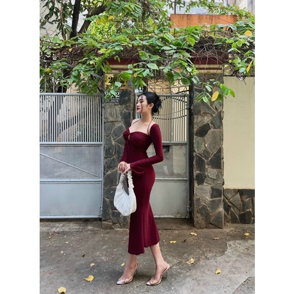 ĐẦM BODY TRỄ VAI TAY DÀI ĐUÔI CÁ CỘT CỔ CHẤT GÂN