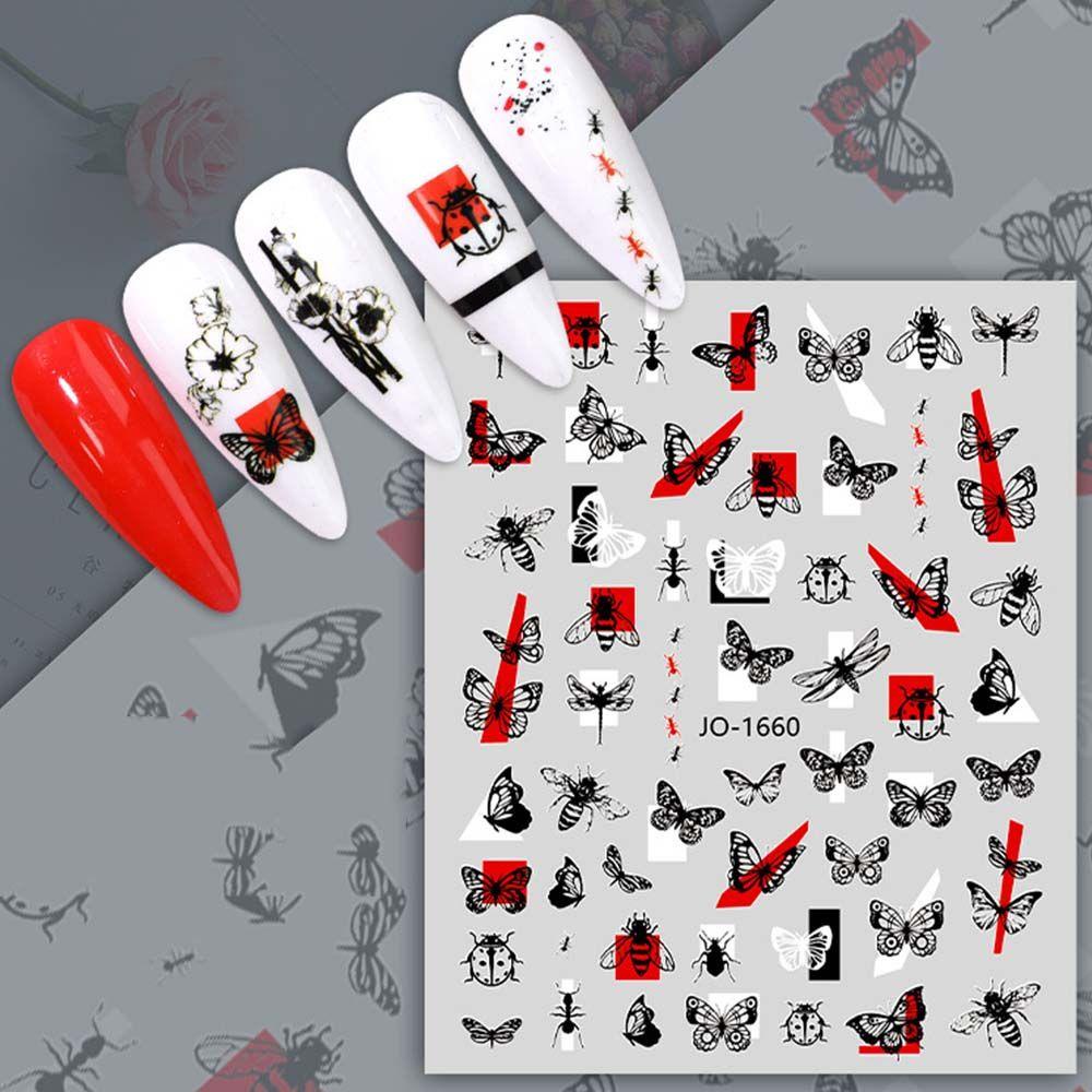 Miếng Dán Trang Trí Móng Tay 3D Họa Tiết Hoa Trắng Đen Thời Trang