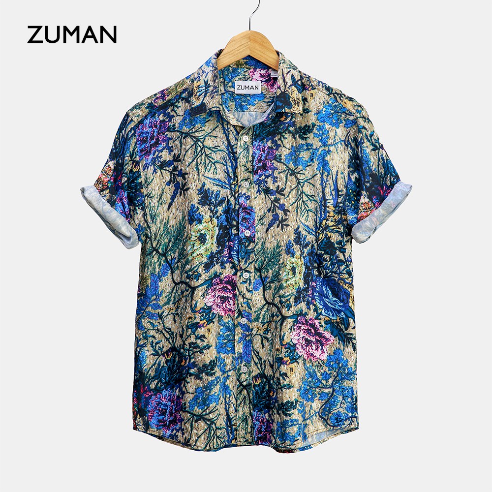 [Mã FAMALLT5 giảm 15% đơn 150K] Áo sơ mi nam ngắn tay vải lụa thiết kế hoạ tiết hoa lá mùa hè - ZUMAN - ASM24