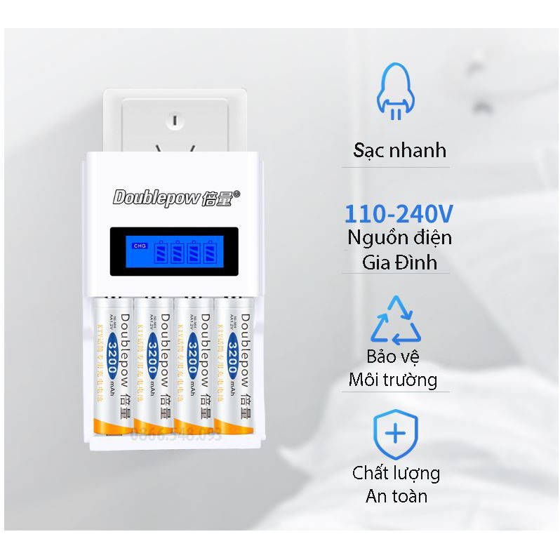 Bộ Sạc Pin tiểu AA, AAA K98 Doublepow tự ngắt khi đầy tốc độ cao màn hình LCD tặng kèm pin sạc AA 3200mAh - Exped