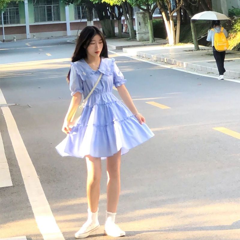 Đầm Tay Phồng Cổ Búp Bê Ghép Mảnh Màu Trơn Phong Cách Hàn Quốc Ngọt Ngào Dễ Thương Mùa Thu Dành Cho Bạn Nữ Sinh