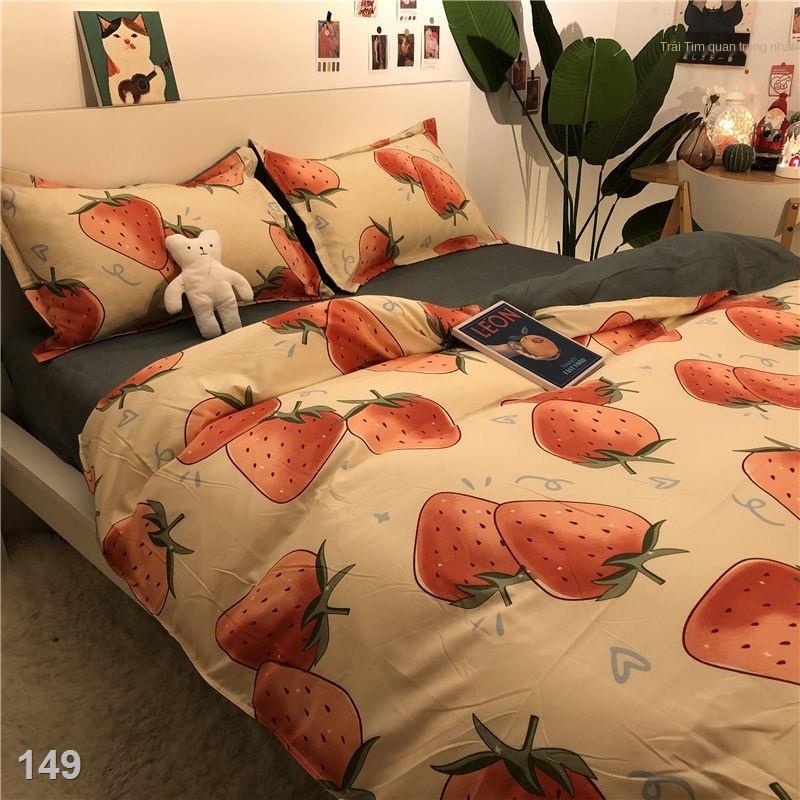 IMục vụ phong cách dâu tây lớn cô gái trái tim giường công chúa bộ bốn mảnh đã giặt chăn bông bìa ký túc xá sinh viên bộ