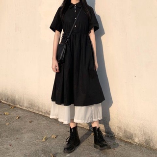 Korean version loose and thin, lapel waisted A-line long skirt