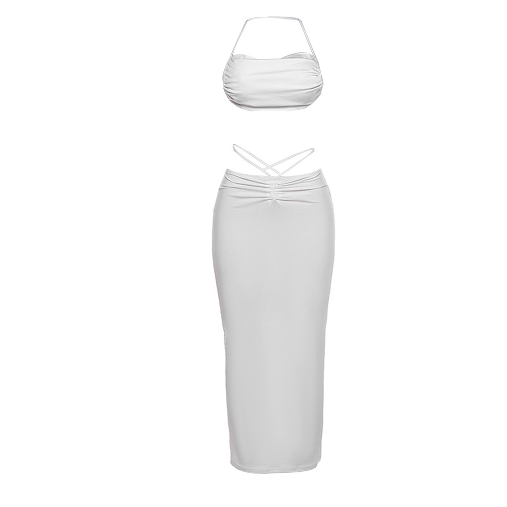 Set Áo Cổ Yếm Cộc Tay Hở Lưng + Chân Váy Dài Ôm Dáng Thời Trang Mùa Hè Cho Nữ