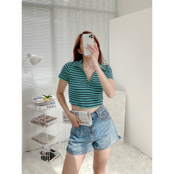 Croptop nữ thiết kế polo cổ V chất thun gân MIEU - JJN14