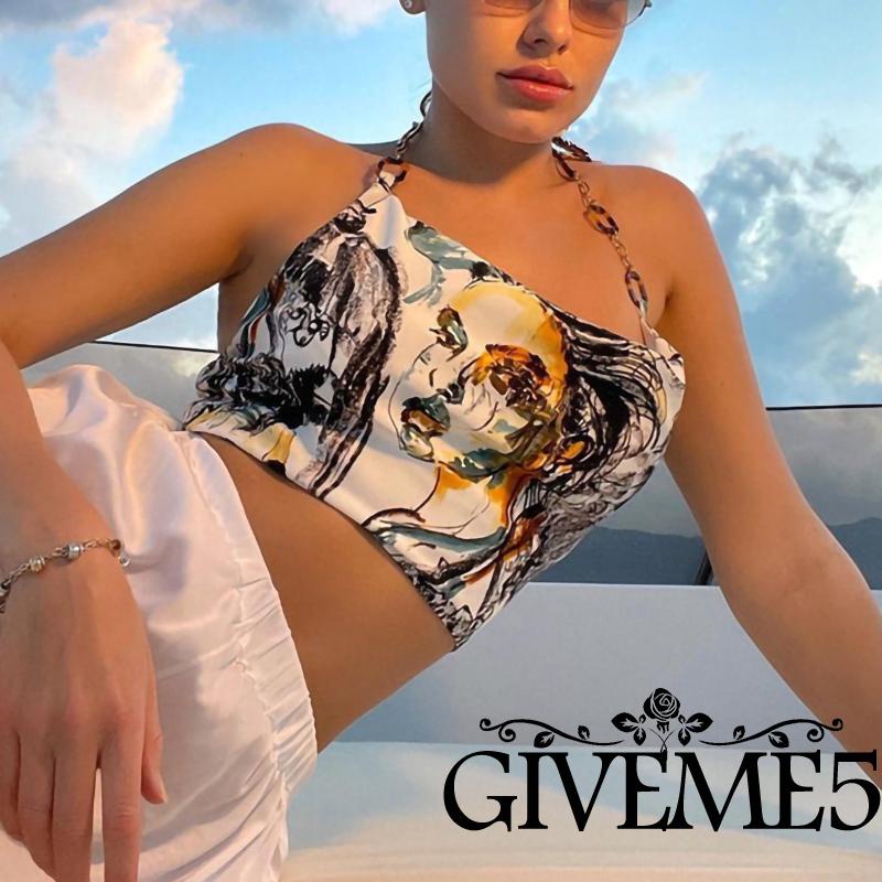 Áo hai dây Nữ Cộc Tay Hở Lưng In Hình Thời Trang