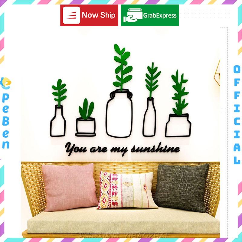 Tranh dán tường mica 3d decor khổ lớn các lọ cây nhỏ trang trí nhà, phòng khách, phòng ngủ Nhiều Size - EPeBen